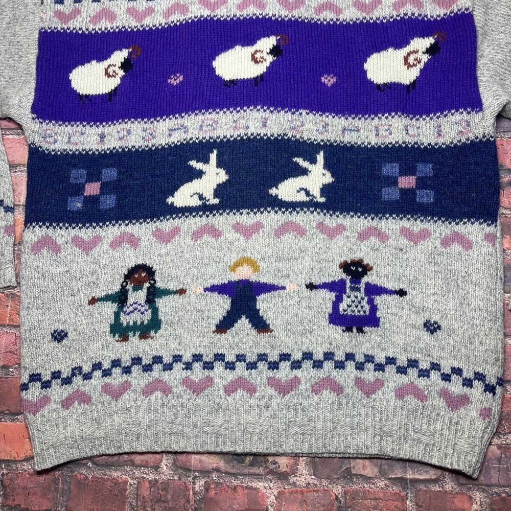 Vintage Womens Farm Cottage Core Sweater Wool Blend Rabbits Sheep 90s - Picture 2 of 8
